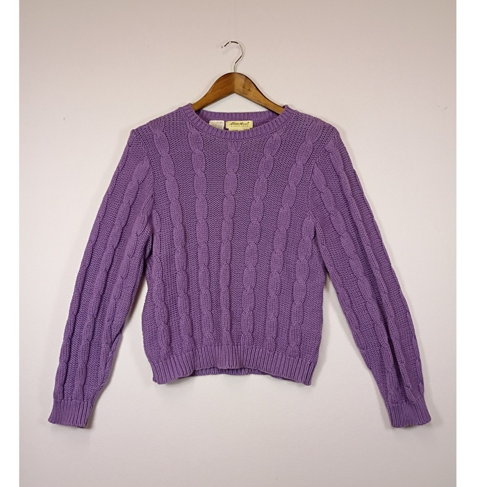 Vintage Eddie Bauer Womens L Purple 100% Cotton Cable Knit Crew Neck Sweater USA